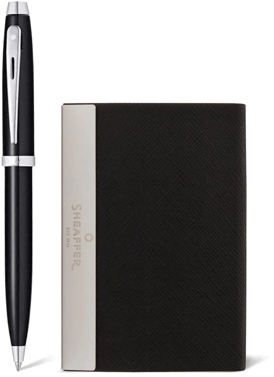Balpen Giftset - 100/G9338 - glossy black lacquer chrome plated - met visitekaarthouder van Sheaffer in Zwart – productfoto