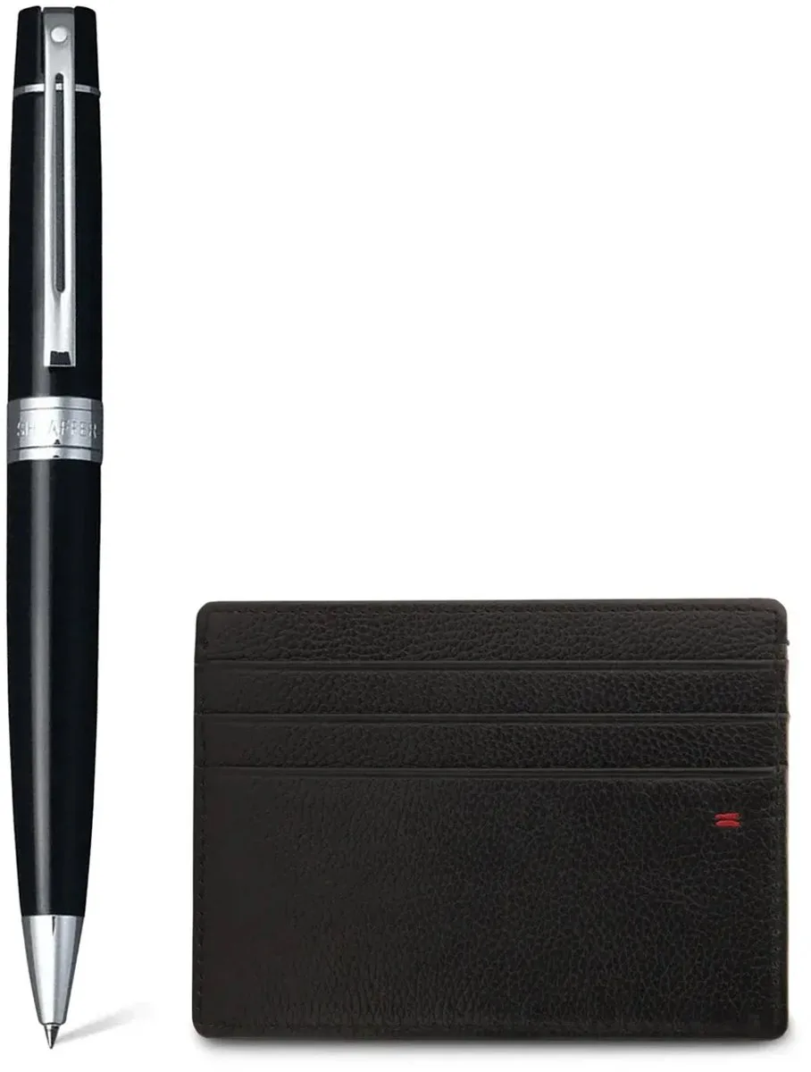 Balpen Giftset - 300/G9312 - glossy black chrome plated - met creditcardhouder van Sheaffer in Zwart – productfoto