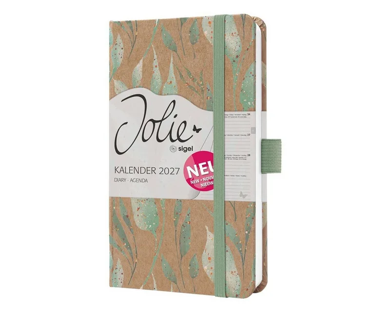 Buchkalender Jolie Sparkle Leaves Hardcover, für 2027, 1 Woche = 2 Seiten de Sigel en Marron, Vert – photo produit