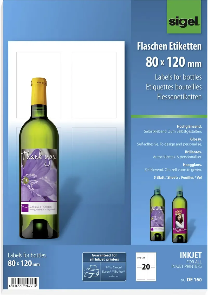 DE160 Flaschenetiketten 80 x 120 mm Papier Weiß 20 St. Permanent haftend Tintenstrahldrucker von Sigel – Produktfoto