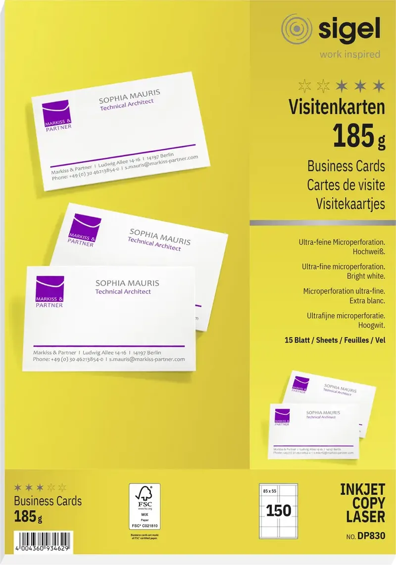 DP830 Bedrukbare visitekaarten 85 x 55 mm 150 stuk(s) Papierformaat: DIN A4 von Sigel in Helderwit – Produktfoto