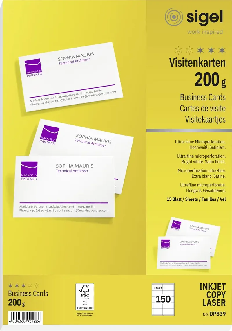 DP839 Bedrukbare visitekaarten 85 x 55 mm 150 stuk(s) Papierformaat: DIN A4 by Sigel in Helderwit – product photo