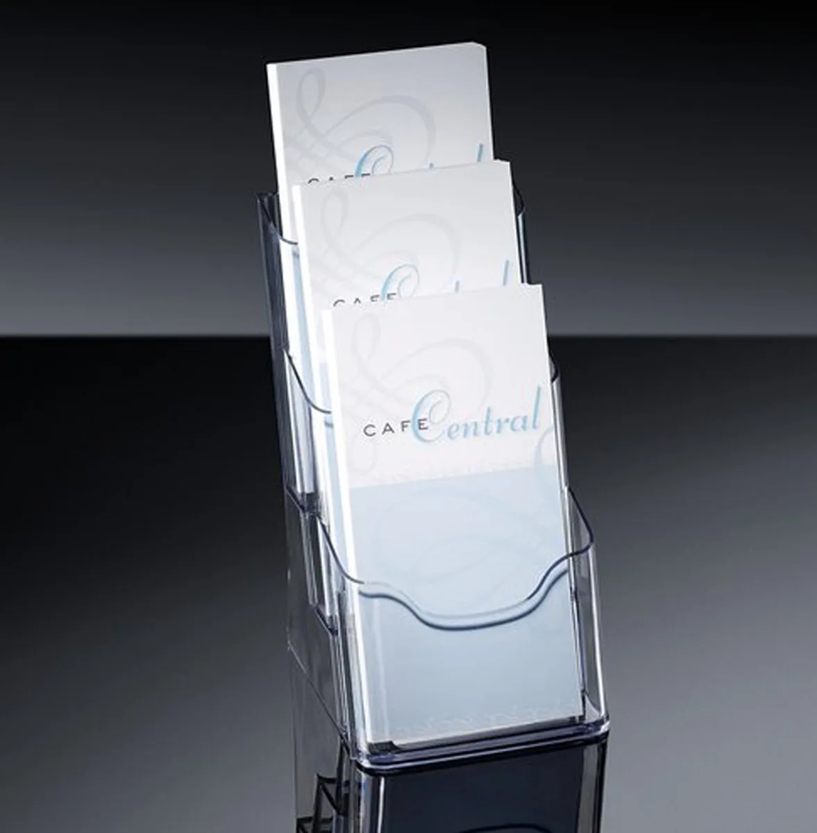 folderhouder 3xA6 tafelmodel transparant acryl van Sigel in Transparant 3xA6 tafel – productfoto