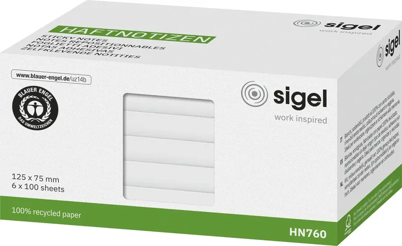 Haftnotiz HN760 125 mm x 75 mm Weiß 600 Blatt by Sigel – product photo