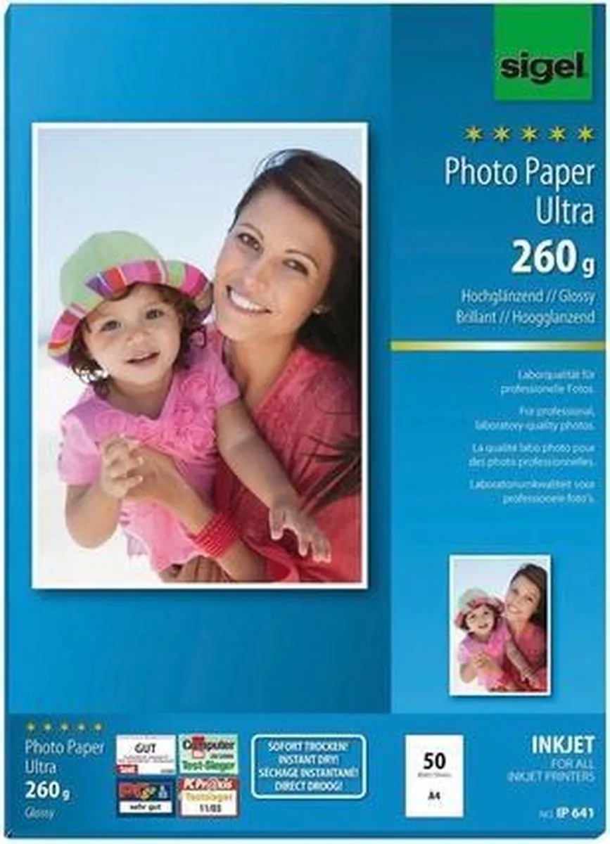 inkjet fotopapier - Ultra - A4 - hoogglans - 260 grams - 50 vel - SI-IP641 fra Sigel i Superwit – produktbillede