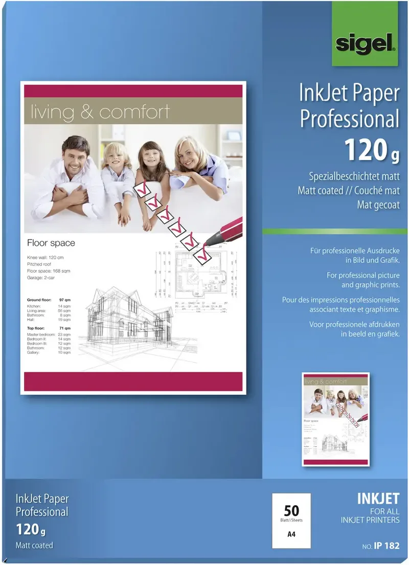 Inkjet Paper Professional IP182 Tintenstrahl Druckerpapier DIN A4 120 g/m² 50 Blatt Hochweiß de Sigel – photo produit
