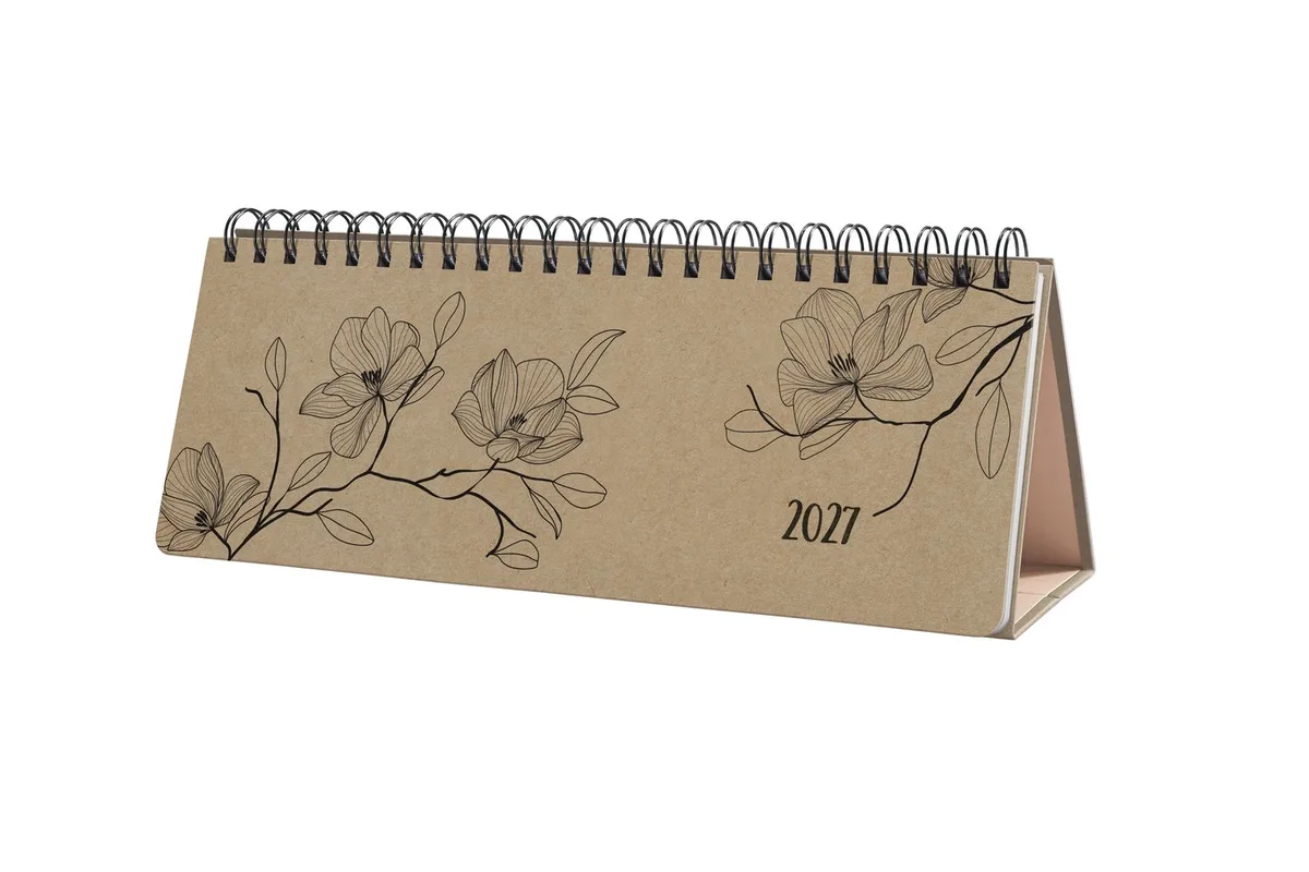 Jolie Weekplanner 2027 - 1/2 A4 Liggend - Black Magnolia - 4-talig DE/EN/FR/NL - 2 Pagina's per Week - Hardcover Spiraalbinding - 126 Pagina's de Sigel en Marron – photo produit