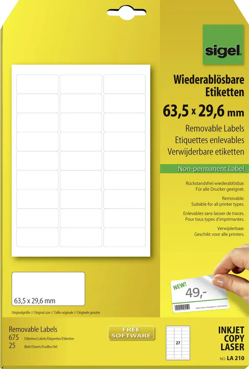LA210 Universal-Etiketten 63.5 x 29.6 mm Papier Weiß 675 St. Wiederablösbar Tintenstrahldrucker, Laserdrucker, Farblaserdrucker, Kopierer, Farbkopierer by Sigel – product photo
