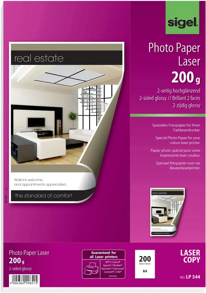 LP344 Fotopapier DIN A4 200 g/m² 200 Blatt Beide Seiten bedruckbar, Hochglänzend, Optimiert für Laser von Sigel – Produktfoto