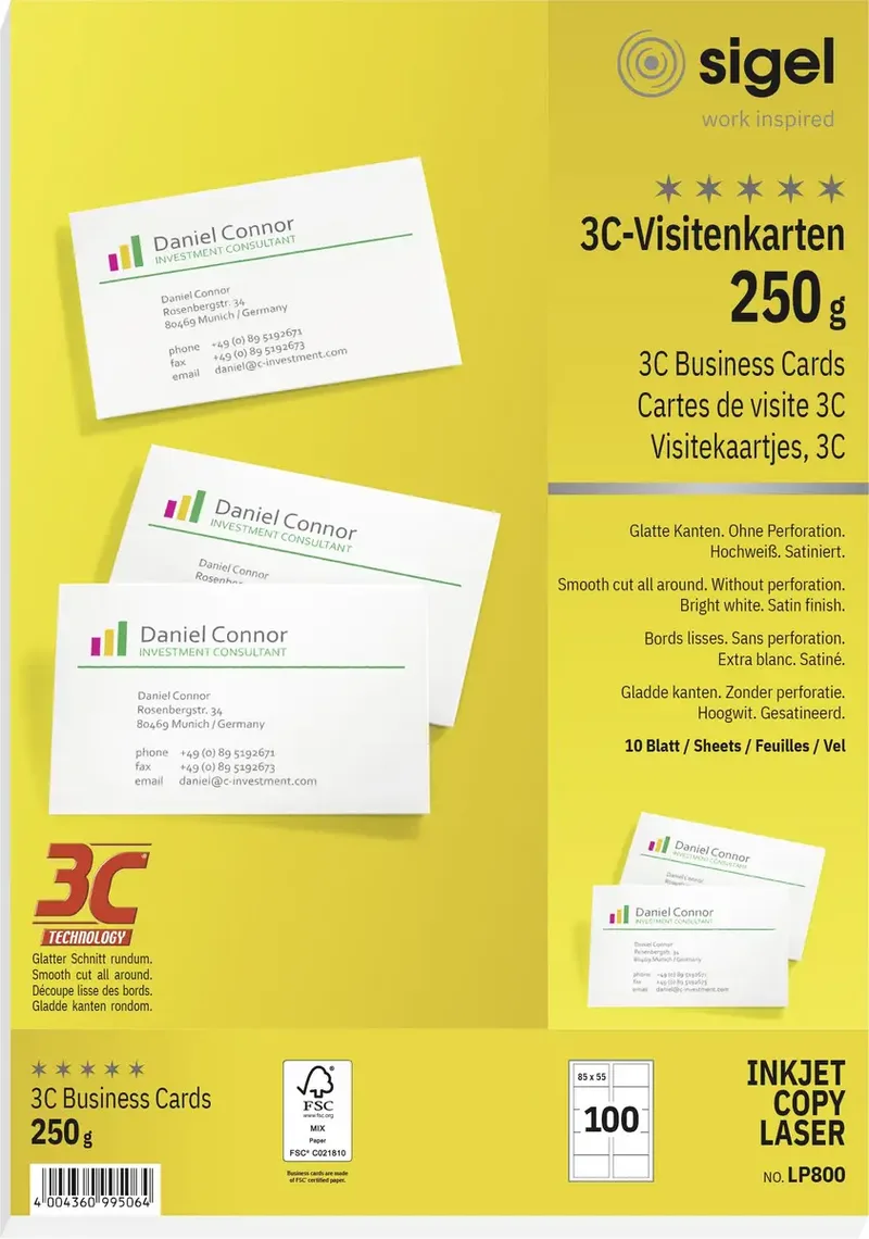 LP800 Bedrukbare visitekaarten, gladde kant 85 x 55 mm 100 stuk(s) Papierformaat: DIN A4 by Sigel in Helderwit – product photo