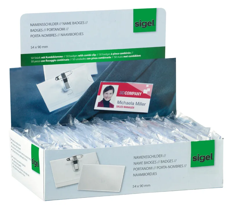 Namensschild mit Kombiklemme, 54 x 90 mm, glasklar by Sigel – product photo