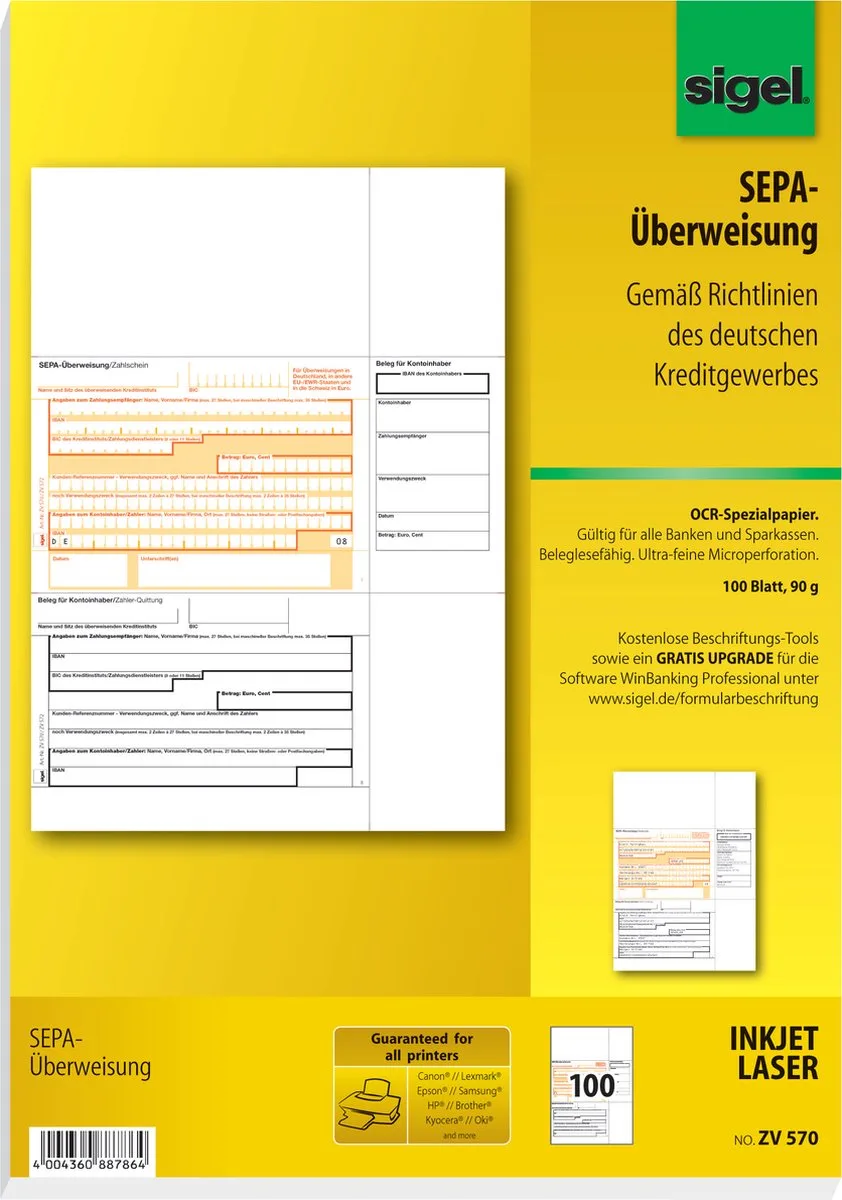 PC-SEPA-overschrijving/ZV570 A4 speciaal OCR-papier, MP 90 g inh. 100 vel de Sigel en Zie afbeelding – photo produit