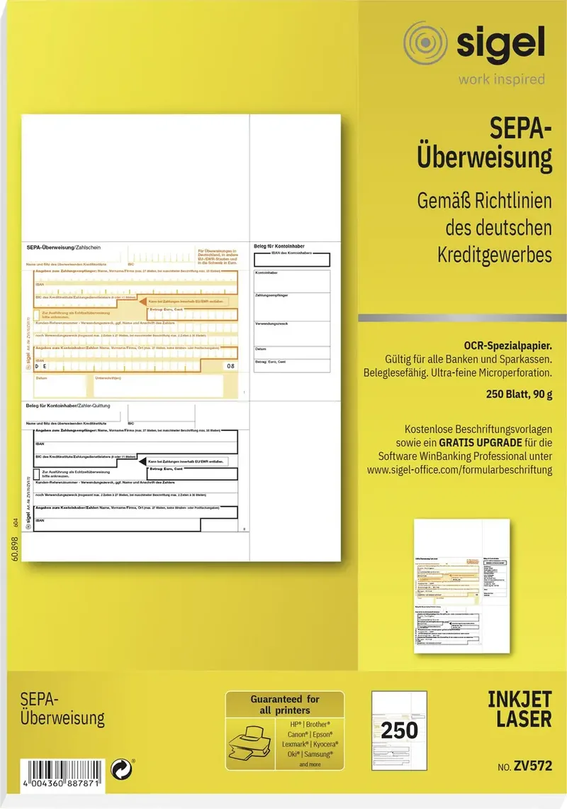 PC SEPA-overschrijving/ZV572 A4 speciaal OCR-papier, MP 90 g inh. 250 vel von Sigel – Produktfoto
