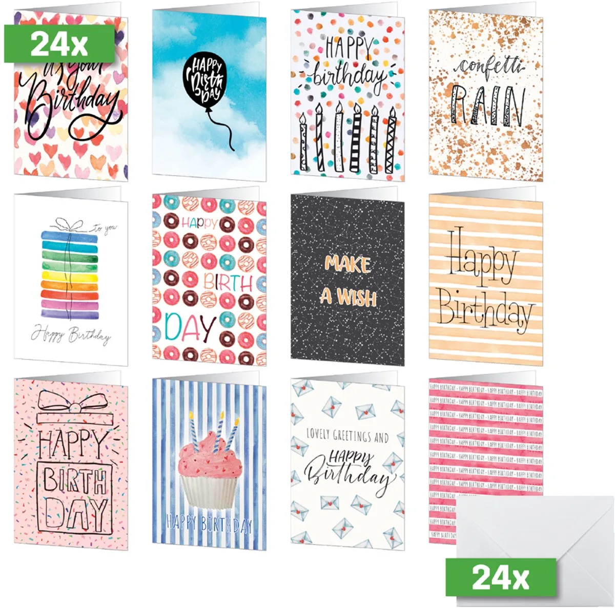 verjaardagskaarten Colourful Birthday Fun, 105×148 mm, 24 kaarten en enveloppen van Sigel – productfoto