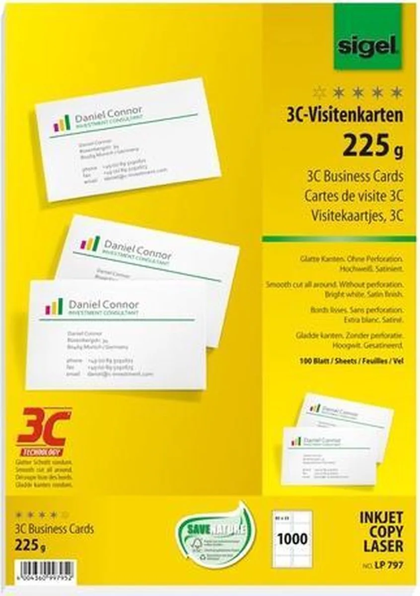 Visitekaart Sigel 85x55mm - 225grs doos 100 vel 10 kaarten från Sigel i Vit – produktbild