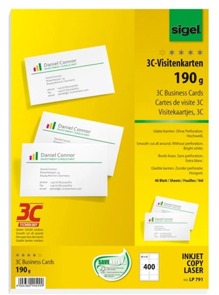 Visitenkarten 190 g/m² matt hochweiß von Sigel in Weiß – Produktfoto