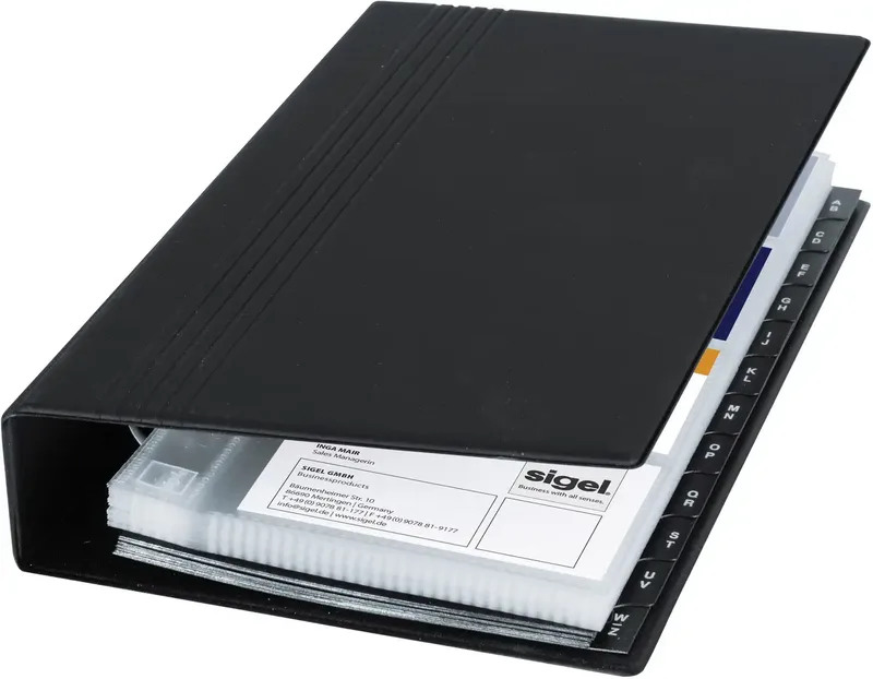 VZ300 Visitekaart ringboek 200 kaarten (b x h x d) 147 x 265 x 44 mm Zwart (mat) Kunststof von Sigel in Schwarz – Produktfoto