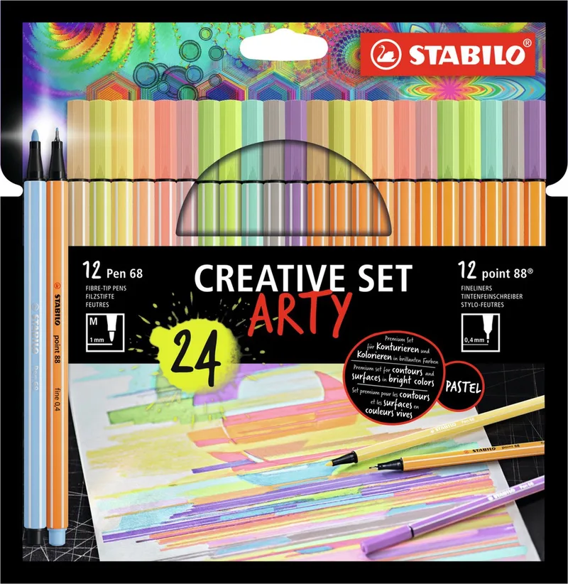 ARTY Creative Set - Set Pen 68 & Point 88 Pastel - Combi Arty Etui Met 24 Stuks van Stabilo in 24 verschillende kleuren – productfoto