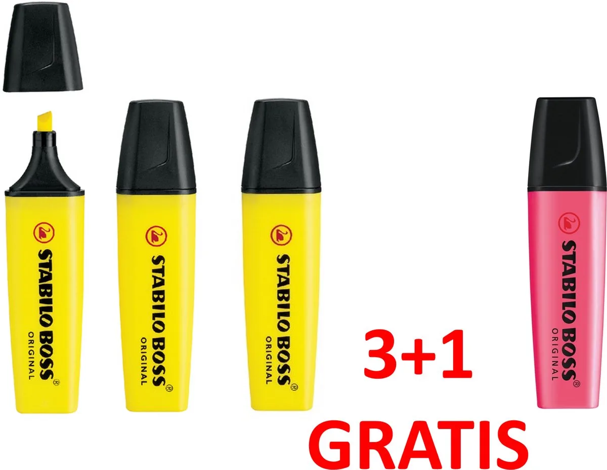 Boss Markeerstift Original - 3 geel+1 roze voordeelset van Stabilo in Geel+roze – productfoto