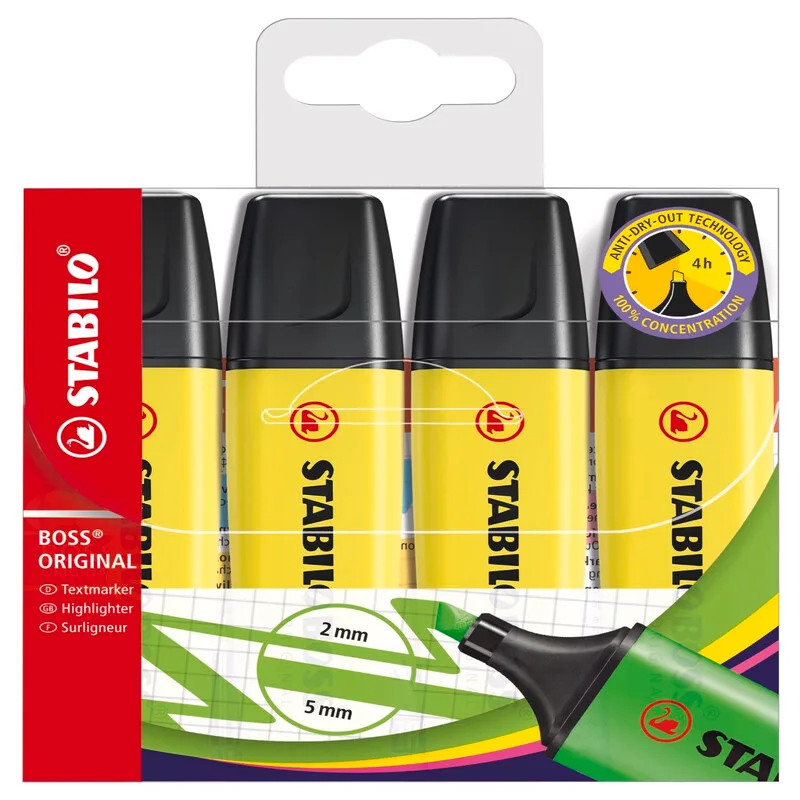 BOSS ORIGINAL Lot de 4 surligneurs - Pointe biseautée, Jaune fluorescent by Stabilo – product photo