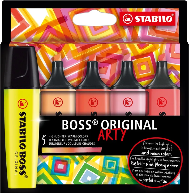 BOSS ORIGINAL markeerstift Arty, kartonnen etui van 5 stuks in geassorteerde kleuren by Stabilo – product photo