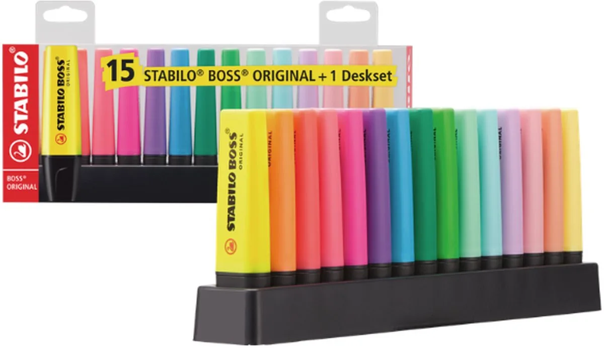 BOSS ORIGINAL – Markeerstift - Deskset Met 15 Stuks - 9 Standaard + 6 Pastel Kleuren by Stabilo in 9 standaard & 6 pastel kleuren – product photo