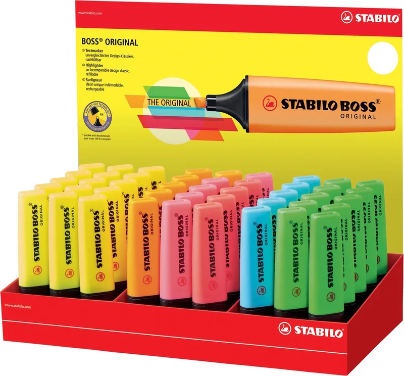 BOSS ORIGINAL markeerstift, display van 45 stuks in 6 geassorteerde kleuren van Stabilo – productfoto