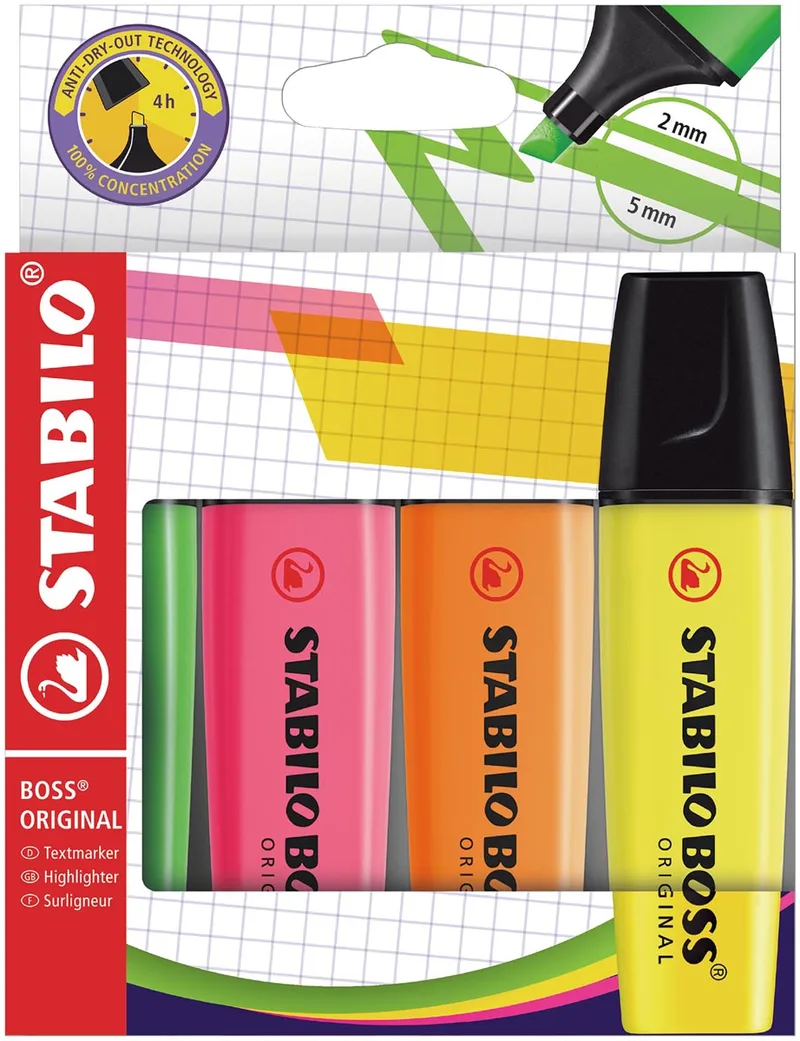 BOSS ORIGINAL markeerstift, kartonnen etui van 4 stuks in geassorteerde kleuren de Stabilo – photo produit