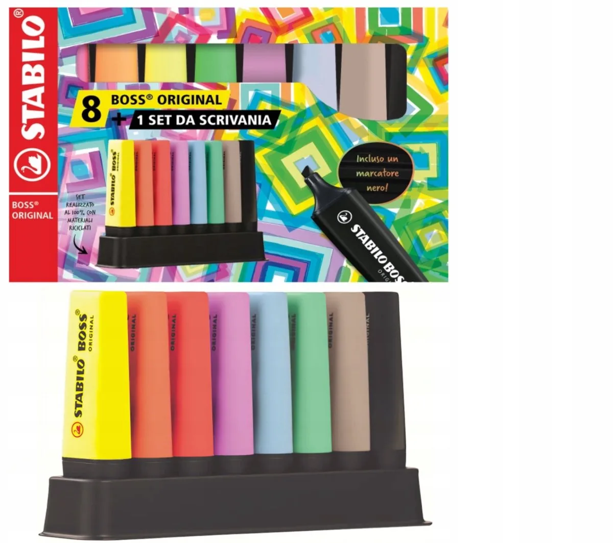 BOSS ORIGINAL markeerstiften set met 8 kleuren op standaard de Stabilo en Multicolore – photo produit