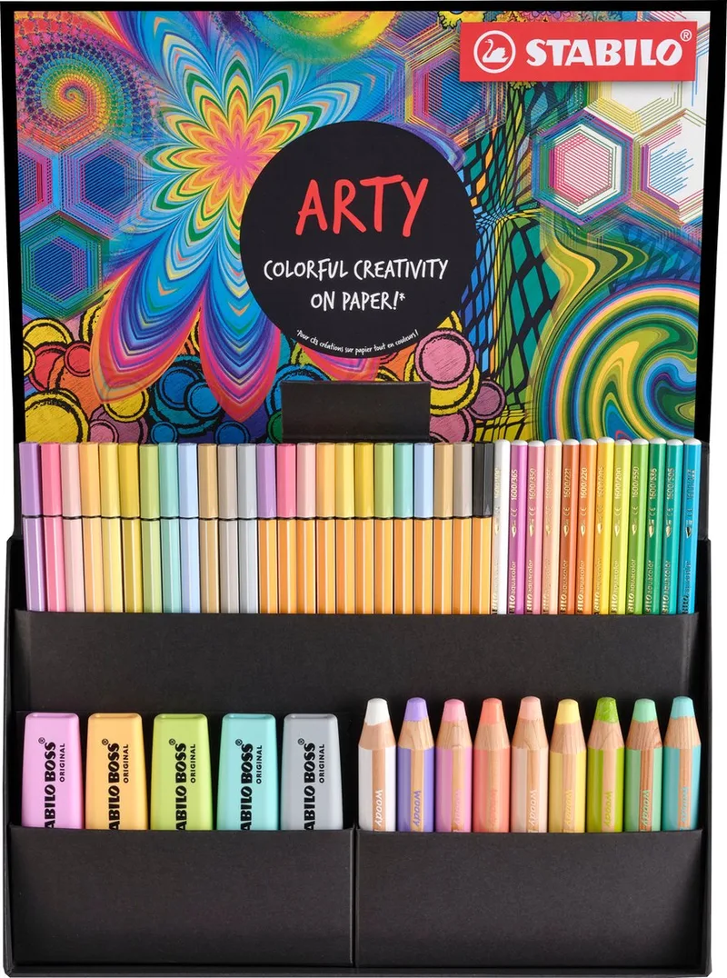 BOSS ORIGINAL, Woody 3 in 1, aquacolor, Pen 68 en point 88 - Creative ARTY Mix Set In Luxe Box - Met 50 Stuks de Stabilo en Multicolore – photo produit