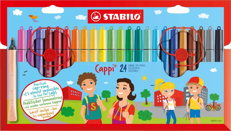 Cappi - Viltstift - Nooit Meer Je Dop Kwijt Dankzij De Dopring - Etui Met 24 Kleuren + 2 Dopringen by Stabilo in Multicolour – product photo