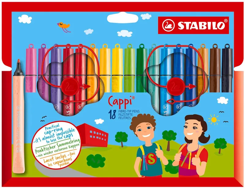 Cappi - Viltstift - Nooit Meer Je Dop Kwijt Dankzij De Dopring - Etui Met 18 Kleuren + 2 Dopringen by Stabilo in Multicolour – product photo