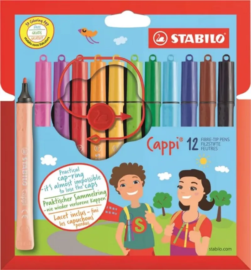 Cappi - Viltstift - Nooit Meer Je Dop Kwijt Dankzij De Dopring - Etui Met 12 Kleuren + 1 Dopring by Stabilo in Multicolour – product photo