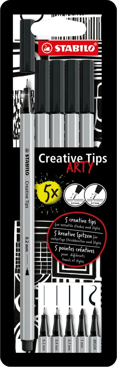 Creative Tips ARTY fineliner, geassorteerde punten, pak van 5 stuks, zwart van Stabilo – productfoto