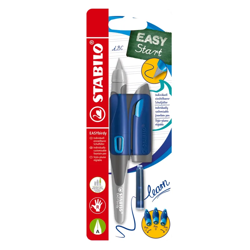 EASYbirdy Stylo-plume ergonomique pour droitiers débutants - Bleu nuit/Azur, Comprend cartouche d'encre et outil de réglage - Bleu Effaçable by Stabilo – product photo