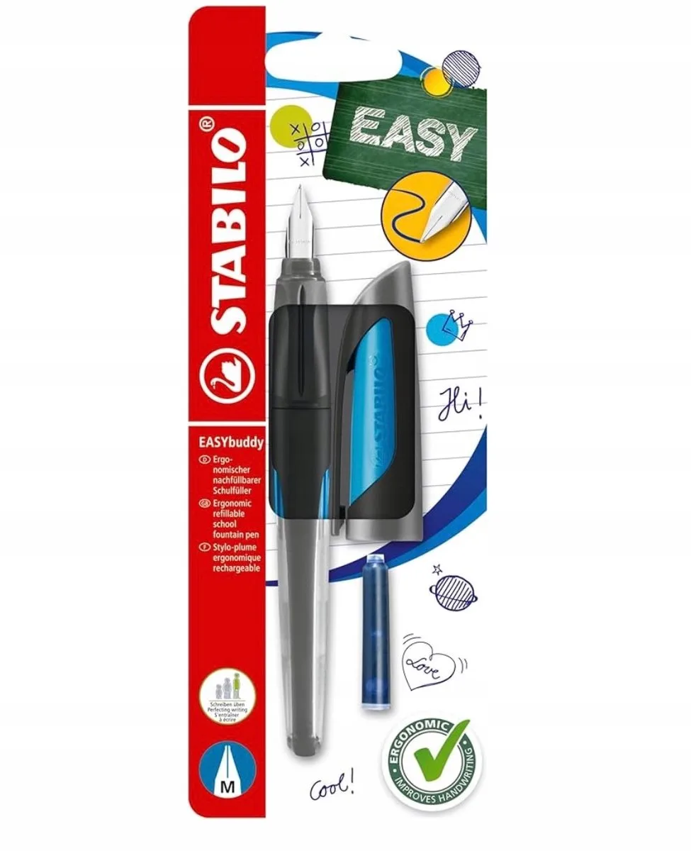 EASYbuddy - Ergonomische Vulpen - Zwart/Lichtblauw - M Punt Voor Rechtshandigen de Stabilo en Noir, Lichtblauw – Rechtshandig – photo produit