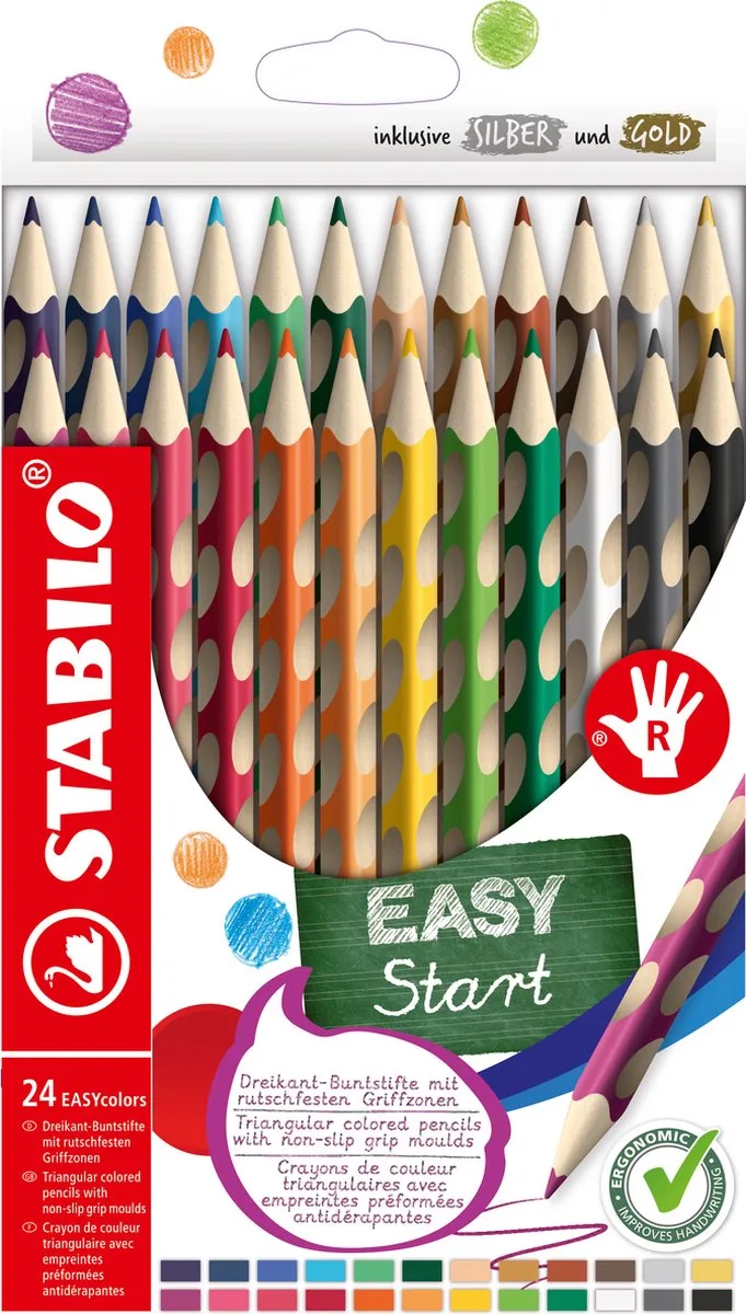EASYcolors - Ergonomische Kleurpotloden - Rechtshandig - Extra dikke 4.2 mm Kern - Set Met 24 Kleuren de Stabilo en Verschillende Kleuren Rechts – photo produit