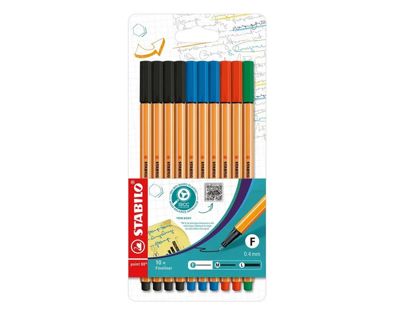 Fineliner point 88® - Office, (10-tlg), mit wasserbasierter Tinte ohne Metallanteile von Stabilo in Blau, Mehrfarbig, Grün, Rot, Schwarz – Produktfoto