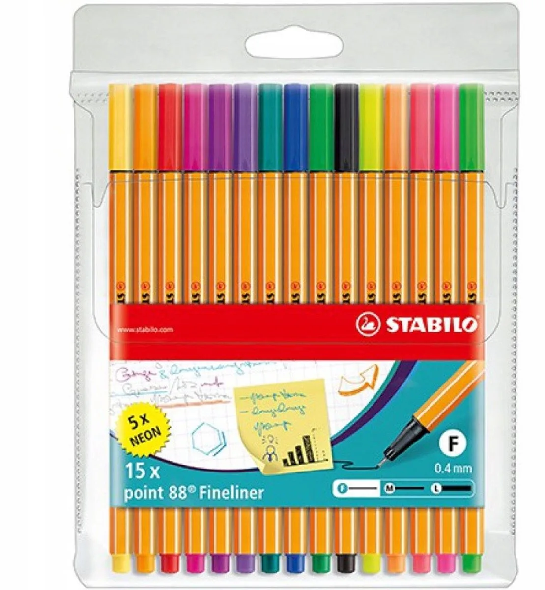 Fineliners Set 15 stuks - 10 basiskleuren + 5 neon by Stabilo in 10 basiskleuren + 5 neonkleuren – product photo