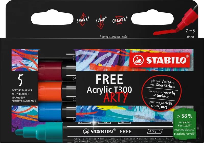 FREE Acrylic - Acryl Marker - T300 Urban Set - Ronde Punt 2-3 mm - Etui Met 5 Kleuren by Stabilo in Set met de kleuren donkerblauw, Yellow, Turquoise groen, Karmijn rood en zwart – product photo