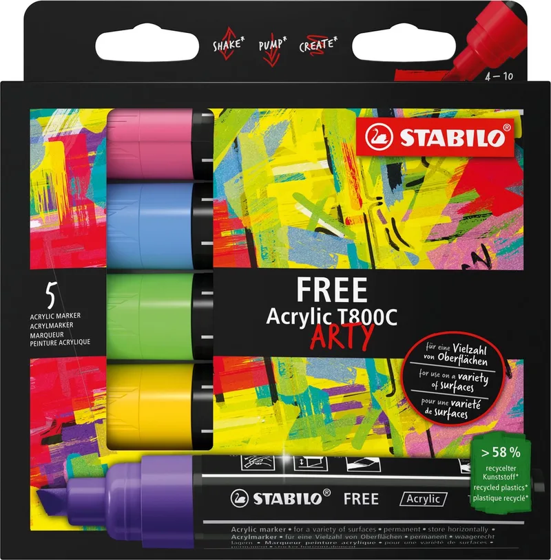 FREE Acrylic - Acryl Marker - T800C Seaside Set - Schuine Punt 4-10 mm - Etui Met 5 Kleuren de Stabilo en Multicolore – photo produit