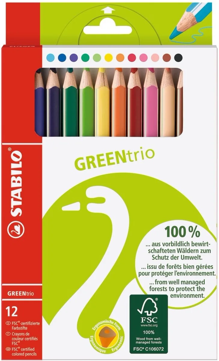 GREENtrio - FSC Gecertificeerd Driekantige Kleurpotloden - Met Extra Dikke Kern 4.2 mm - Etui Met 12 Kleuren von Stabilo in 12 verschillende kleuren – Produktfoto