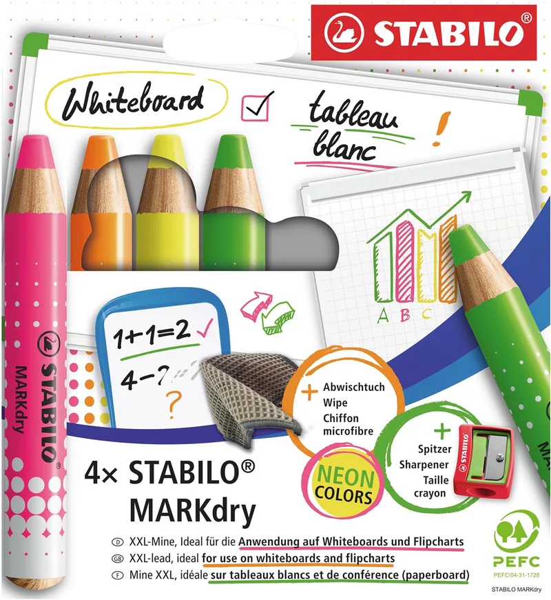 MARKdry potlood voor whiteboards, etui van 4 stuks in geassorteerde neon kleuren van Stabilo – productfoto