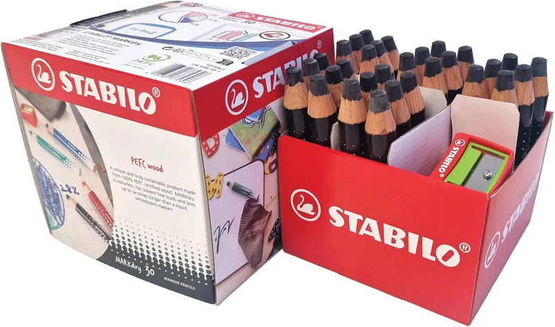 MARKdry - Whitboard- en Flipover Marker - Schoolverpakking Met 30 Stuks & 2 Puntenslijpers by Stabilo in Black – product photo