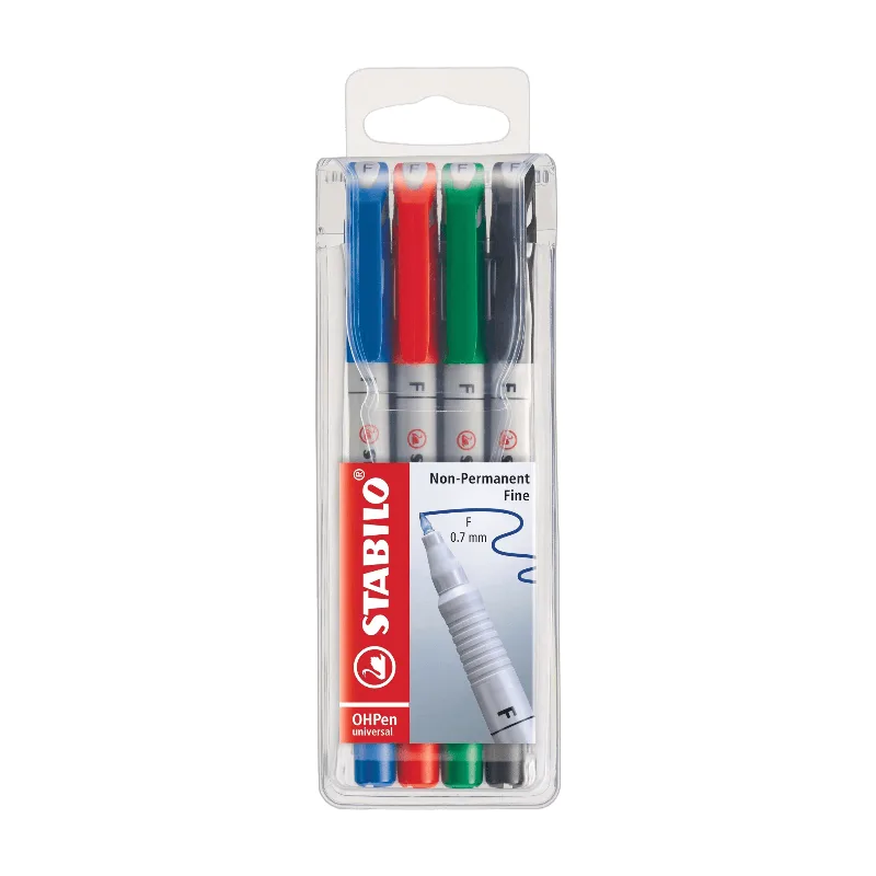 OHPen universeel - Pen voor Dia-projectie - Oplosbaar Fijn (F) - Verpakking van 4 - Assortiment Kleuren de Stabilo – photo produit