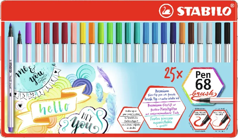 Pen 68 Brush - Premium Brush Viltstift - Met Flexibele Penseelpunt - Metalen Etui Met 25 Kleuren by Stabilo in Multicolour – product photo