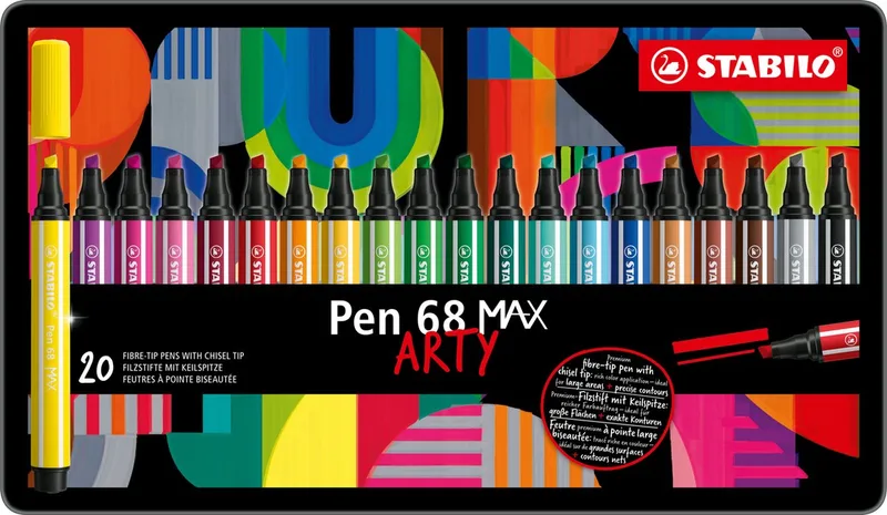 Pen 68 MAX - ARTY – Premium Viltstift Met Dikke Beitelpunt - Metalen Etui Met 20 Stuks – Met 20 Verschillende Kleuren by Stabilo in Assorti – product photo