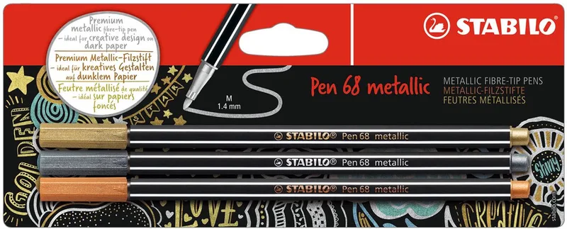 Pen 68 Metallic - Premium Metallic Viltstift - Blister - Met 3 Verschillende Kleuren van Stabilo in Meerkleurig – productfoto