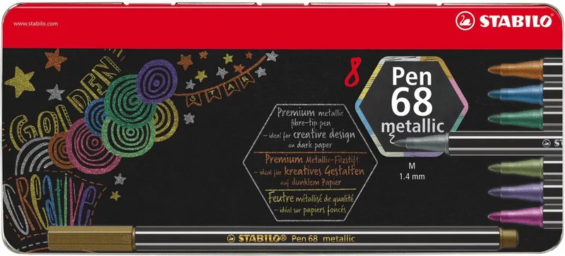 Pen 68 Metallic - Premium Metallic Viltstift - Metalen Etui Met 8 Kleuren by Stabilo in Multicolor Metalen Blik – product photo