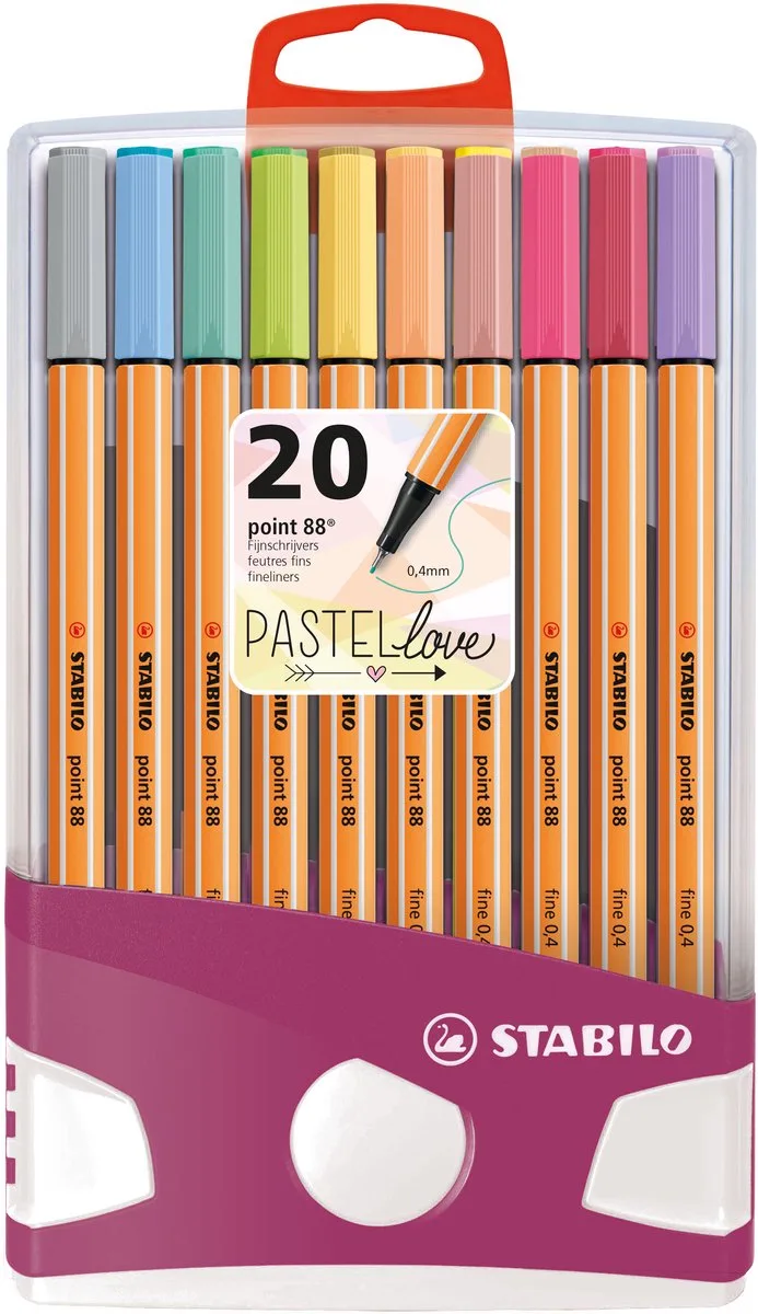 point 88 - Fineliner 0,4 mm - PastelParade - Set Met 20 Verschillende Kleuren - Inclusief 10 Pastel Kleuren von Stabilo in Assorti – Produktfoto